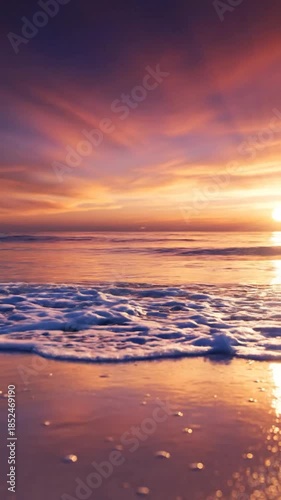 Dramatic wave crashing with beautiful sunset sky. Reflections on wet sand. Water droplets