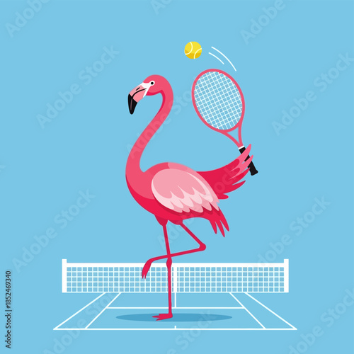 A vibrant pink flamingo plays tennis on a court, standing on one leg, racket in hand, as the ball flies through the air.