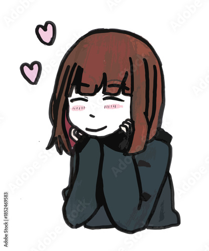 Cute cartoon girl with blush cheeks and heart bubbles