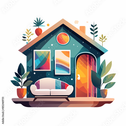 house with flowers and birds