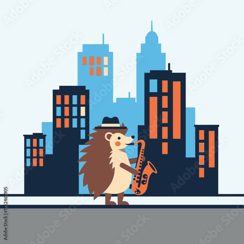 An anthropomorphic hedgehog wearing a hat plays a saxophone on a street in front of a vibrant city skyline with tall buildings.