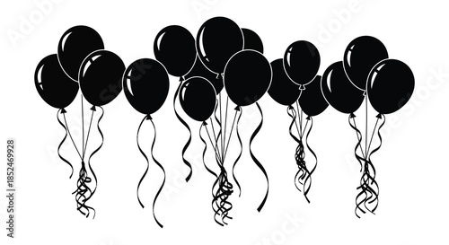 A cluster of black balloons floating upwards a striking visual representation as a silhouette