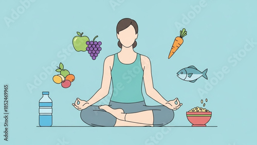 Minimalist 2D illustration of healthy lifestyle concept with yoga pose, balanced diet icons, and calm pastel colors.
