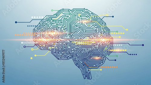 Clean 2D illustration of artificial intelligence and technology concept, abstract brain, circuits, and data flow, modern flat vector style