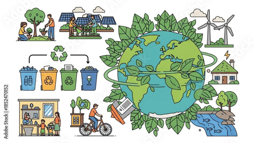 
2D illustration of sustainability and eco-friendly lifestyle with green leaves, recycling icons, and people caring for the planet, flat vector style