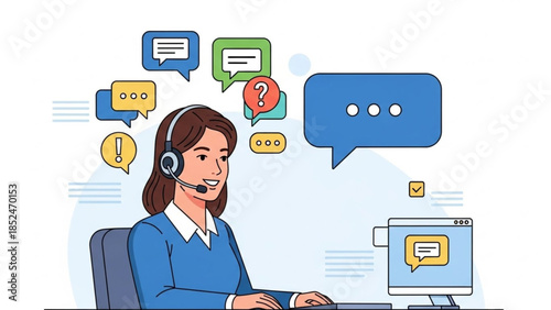 2D illustration of customer support concept with friendly operator wearing headset, speech bubbles, clean flat vector design