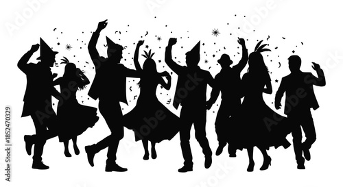 A joyful group of people celebrating with raised arms and energetic poses silhouette