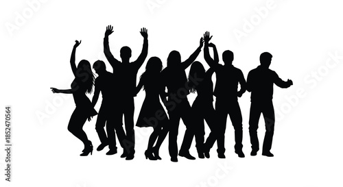 A group of people celebrating with arms raised in a joyful and energetic silhouette