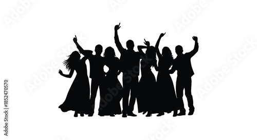 A joyful group of people celebrating together arms raised in a moment of collective happiness silhouette