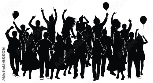 A jubilant crowd of people celebrating with raised arms and balloons a dynamic silhouette