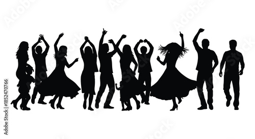 A joyful group of people celebrating with arms raised in a dynamic silhouette