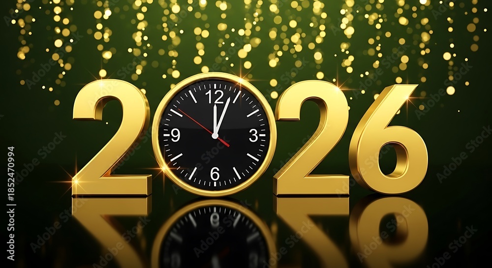 Fototapeta premium Happy new year 2026 with golden numbers and clock on bokeh background