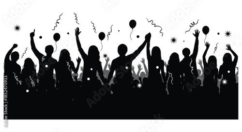 A jubilant crowd celebrating with raised hands and balloons a striking black silhouette