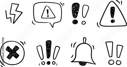 Doodle exclamation mark, alert danger sign set. Scribble hand drawn doodle exclamation triangle point, stop warning, hazard sign. Hand drawn sketch danger information sign black and white line art 
