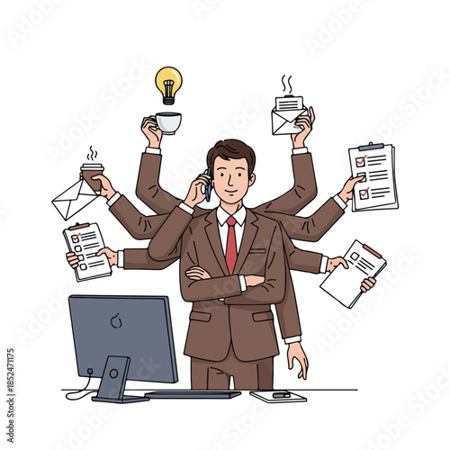 Multitasking businessman managing multiple tasks simultaneously at his desk.