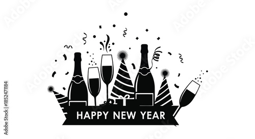 Celebratory new year s eve drinks and party hats in a striking black silhouette