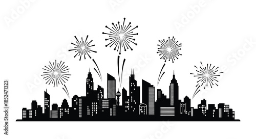 A striking skyline view with celebratory fireworks bursting above a city silhouette