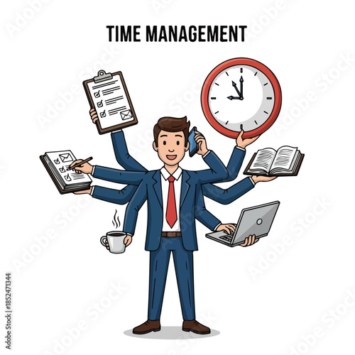 Multitasking businessman managing time efficiently with various tasks and tools.