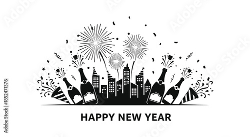 Celebrating new year with fireworks champagne and a city skyline in black silhouette