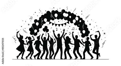 A joyful celebration with balloons confetti and dancing people in a dark silhouette