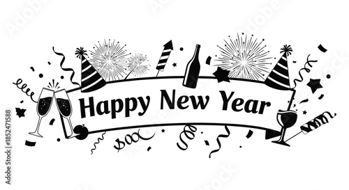 Celebratory new year design with champagne glasses party favors and a banner silhouette