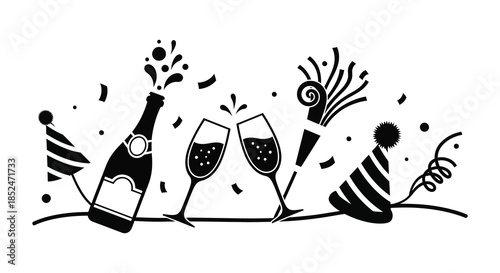 A festive celebration with champagne glasses and party favors depicted in black silhouette