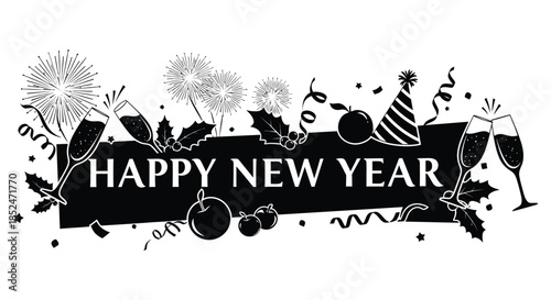 Festive new year celebration design with champagne glasses fireworks and ornaments a beautiful silhouette