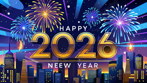 Happy New Year 2026 Colorful Celebration Over Modern Skyline, Festive Night Illustration with Bold Typography and Vibrant Lights background landscape