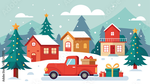 A festive card featuring a red truck carrying a Christmas tree, wishing Merry Christmas and Happy New Year..eps