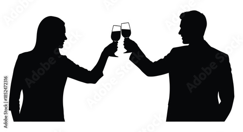 A celebratory toast between a man and a woman depicted in a striking black silhouette