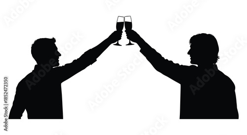 Two people toasting with wine glasses in a celebratory gesture a striking silhouette