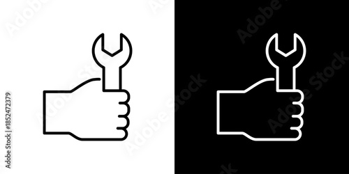 Single icon of hand holding a wrench, symbol for repair, construction, and maintenance services, in both black and white