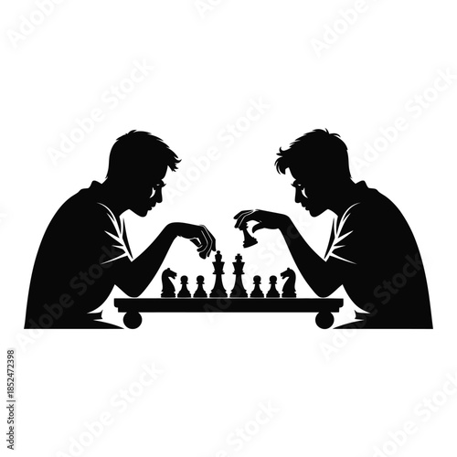 A silhouette depiction of two young men intently engaged in a strategic game of chess, poised to make their next moves on the board