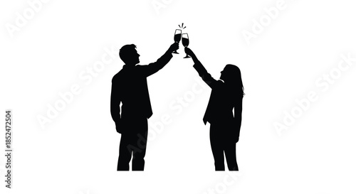 A romantic couple joyfully toasting with wine glasses against a plain white background silhouette