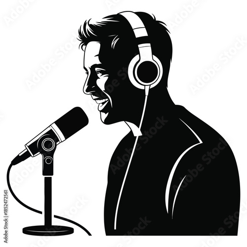 Engaging podcaster with headphones speaks into microphone, capturing clear audio for broadcast, conveying enthusiasm and professional communication in recording studio