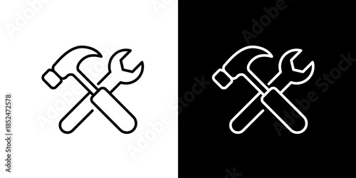 Outline Vector Icon of Crossed Hammer and Wrench, Symbolizing Industrial Tools, Building, Construction, Repair, and Maintenance Services Concept