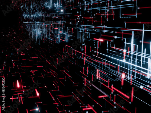 High-tech digital grid with red and white illuminated lines.