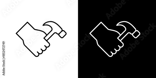 Hand Holding Hammer Icon Line Art - A symbol of construction, repair, and DIY projects