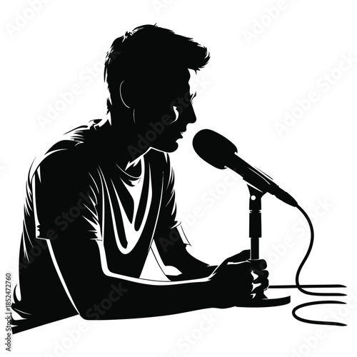 Silhouette of a man speaking into a microphone, captured in a black and white vector illustration for podcasting, public speaking, or voice recording purposes