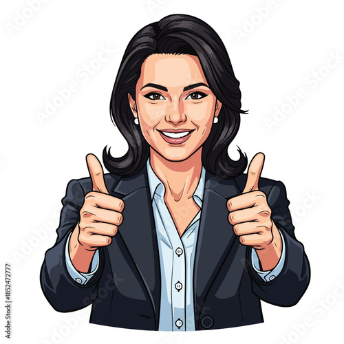 Smiling businesswoman giving thumbs up gesture.