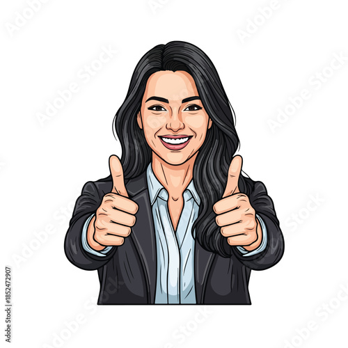 Smiling businesswoman giving thumbs up gesture in a confident pose.