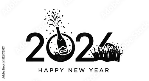 Bold new year 2024 celebration design with champagne bottle and festive confetti silhouette