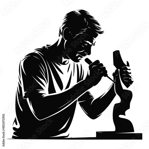 Skilled artisan carves wood sculpture with precision tools, showcasing creative craftsmanship and dedicated artistry in studio, capturing human expression in fine art