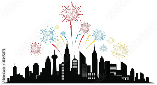 A vibrant cityscape illuminated by colorful fireworks displays presented as a striking silhouette
