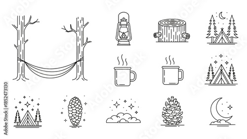 Set of Minimalist Line Art Illustrations for Outdoor Camping and Nature Adventures