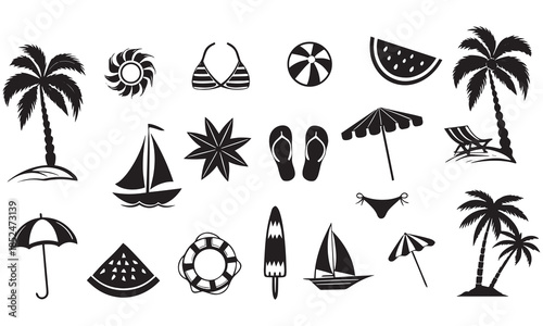 Summer Beach Silhouette Icons – Palm Trees, Umbrella, Sailboat