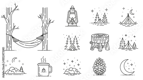 Outdoor Camping and Wilderness Adventure Line Art Icons Collection for Nature Exploration