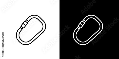 Outline icon illustration of a carabiner clip on a white background and black background