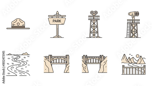 Illustrative icons for park exploration and outdoor adventure: ranger hat, signs, towers, landscapes.