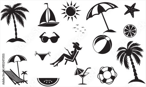 Summer Beach Silhouette Icons – Palm Trees, Umbrella, Sailboat